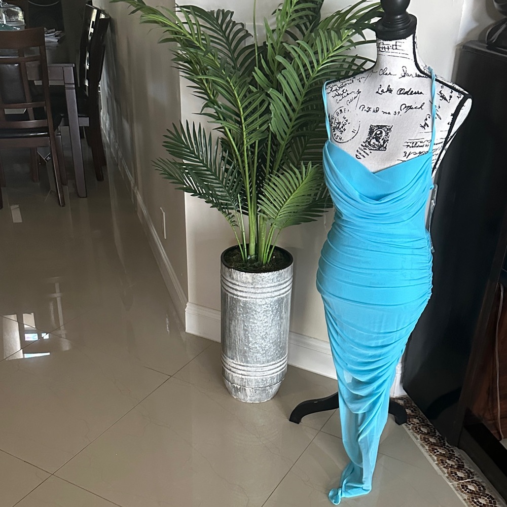 Elegant Blue Draped Women's Dress